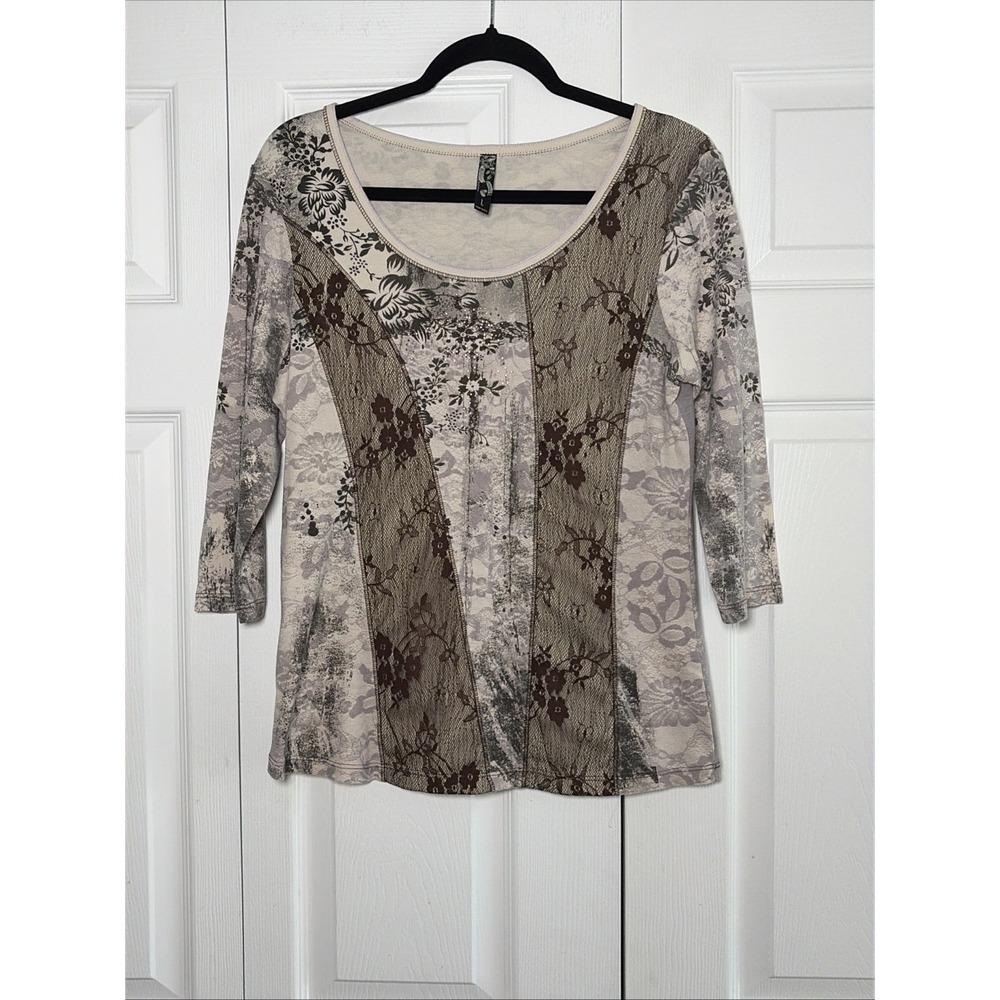 Vanilla Sugar Mixed Media Floral Lace Top Size Large Brown Boho Y2K Cotton USA